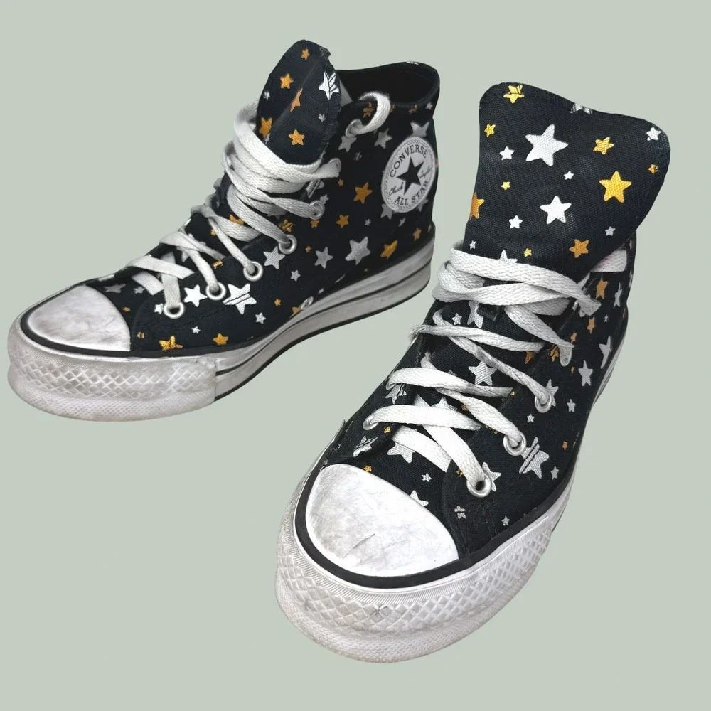 Converse Chuck Taylor Platform High Top Youth 4 Black Metallic Stars A05528C